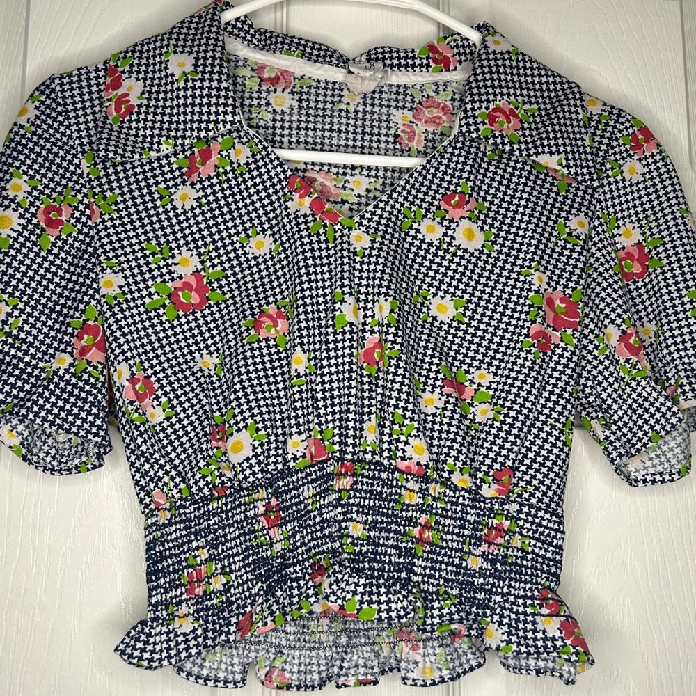 90's flora pattern elastic ruffle short sleeves and waist band crop Top